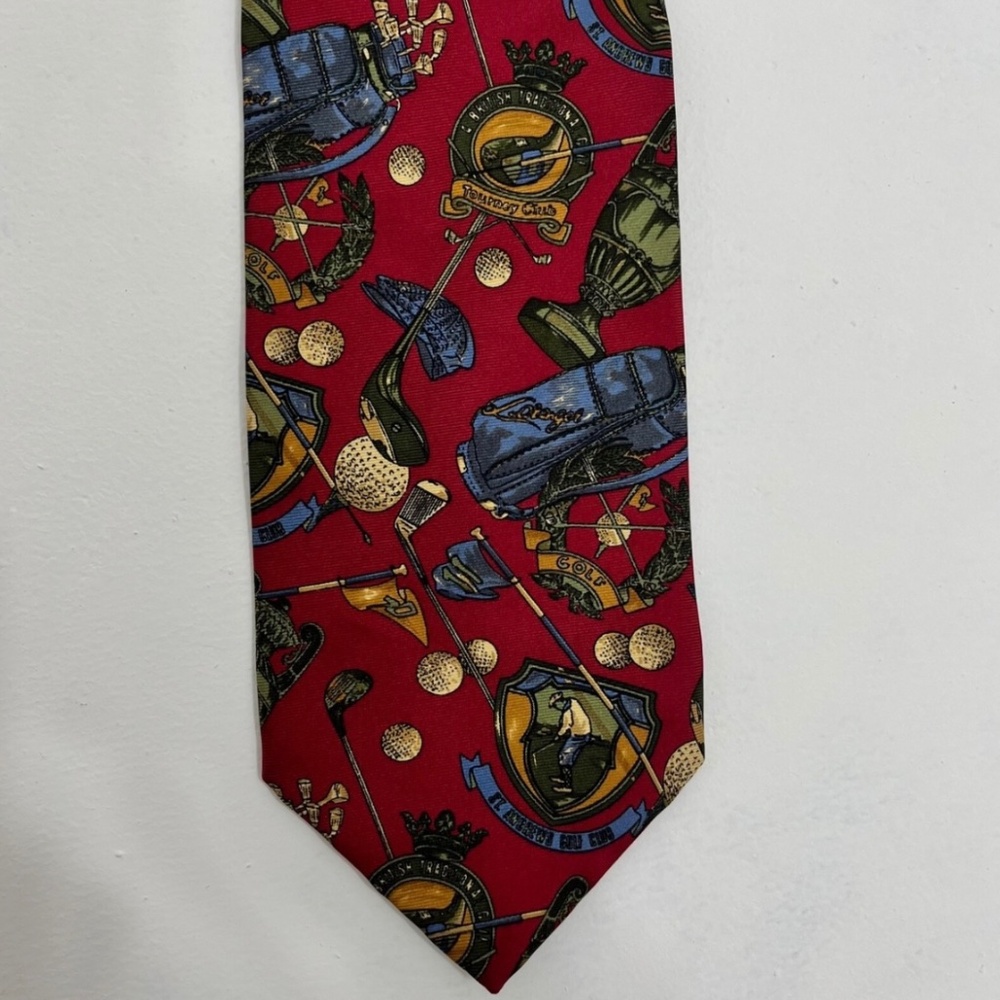Vintage John Comfort Silk Tie Red Golf Theme Made in England 3.5"x57" - Picture 1 of 7